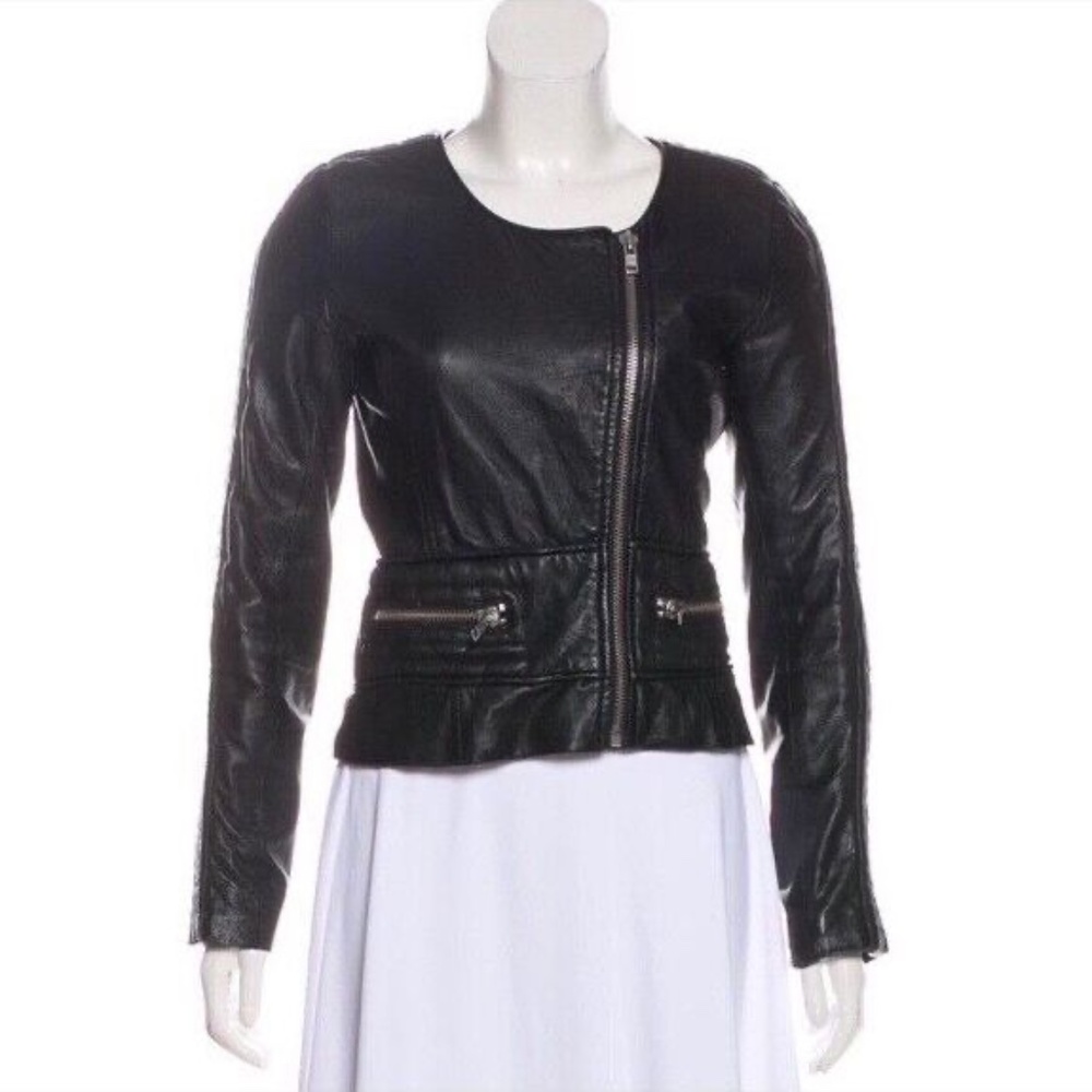 IRO Mena Lamb Leather Moto Collarless Asymmetrical Zip Black Jacket